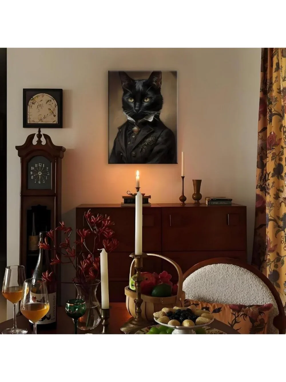Gothic Black Cat Canvas Wall Art 11.5x15 - Dark Academia Decor, Halloween & Cat